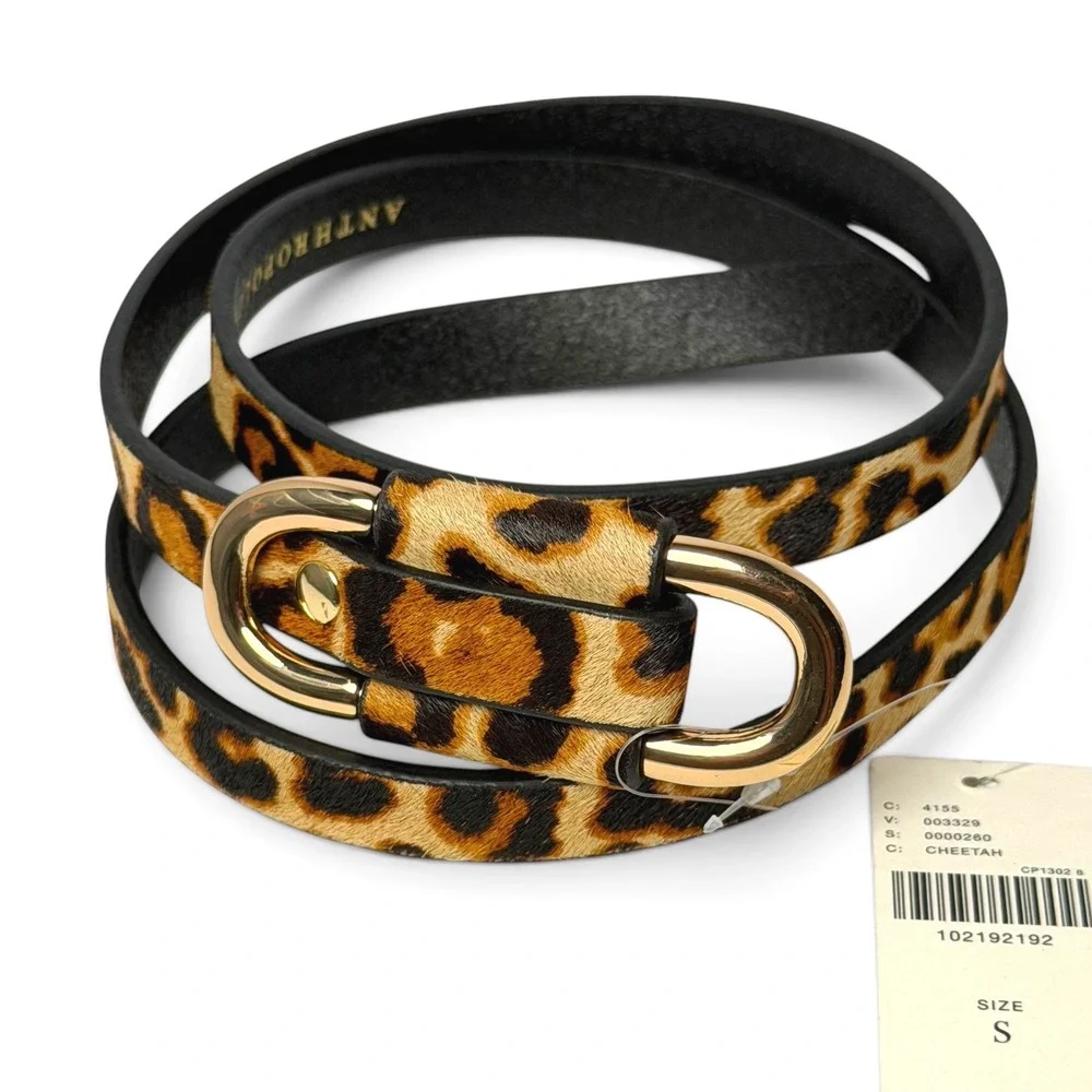 Anthropologie Blake Skinny Belt S NWT Cheetah Leopard Calf Hair Gold Modern